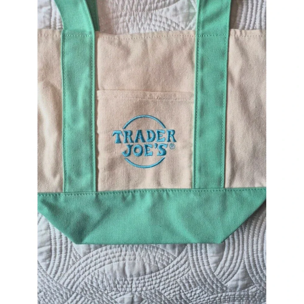 EUC Trader Joe's Canvas Mini Tote Bag Mint Green Pastel Pink Bundle